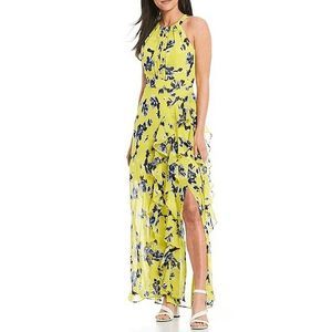 Eliza J Sleeveless Halter Neck Ruffle Thigh High Slit Floral Print Maxi Dress Si